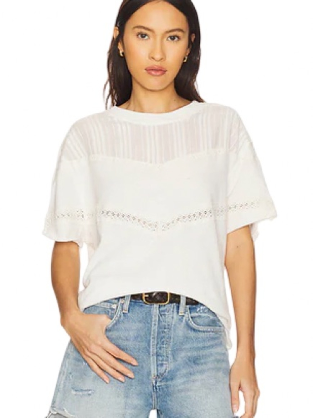 ▫️🔅 Free People We The Free Dorothy Tee Cream Lace-Trim Short Sleeve 🔅▫️ - Picture 2 of 11